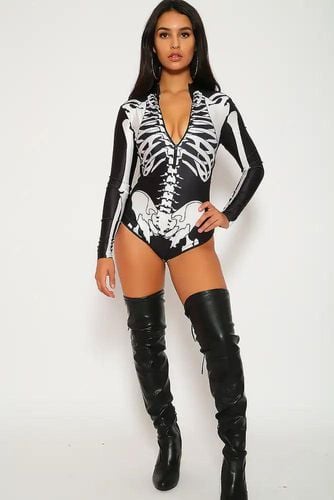 Sexy Black White Skeleton Bodysuit Zipper Costume - Kandy Kouture - Modalova