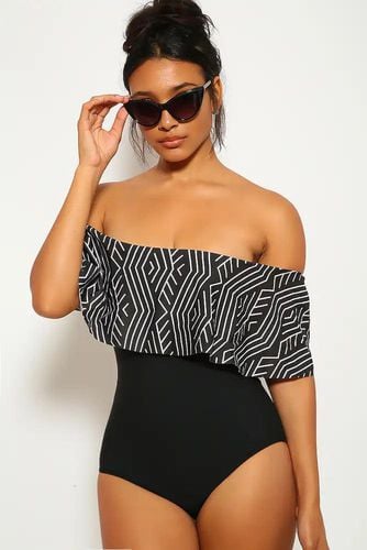 Sexy Black Two Tone Ruffled Hem Bandeau One Piece Swimsuit - Kandy Kouture - Modalova