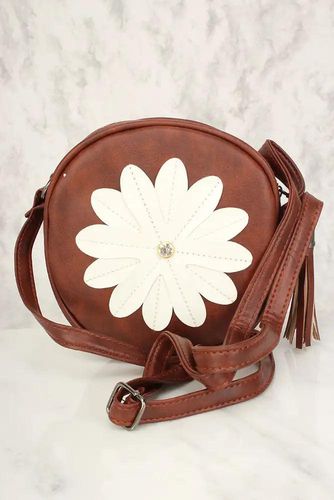 Sexy Brown Flower Patch Distressed Faux Leather Circle Crossbody Bag - Kandy Kouture - Modalova