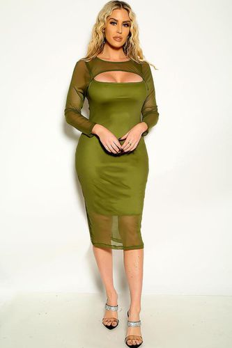 Sexy Green Sheer Mesh Long Sleeve Cut Out Front Party Plus Size Dress - AMIClubwear - Modalova