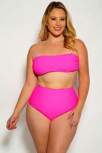 Sexy Fuchsia Bandeau High Waist Plus Size Swimsuit - AMI Clubwear - Modalova