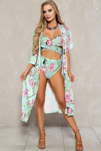 Sexy Light Blue Floral Print Two Piece Swimsuit Set - AMIClubwearStore - Modalova