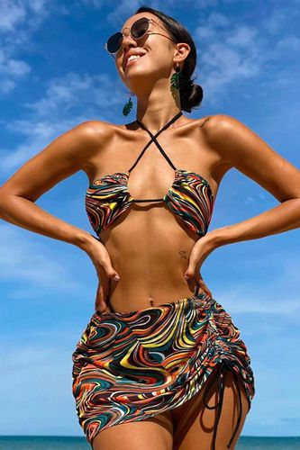 Sexy Multi Color Swirl Print 3pc Bikini With Coverup Skirt - AMIClubwear - Modalova