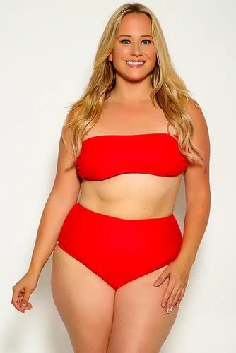 Sexy Red Bandeau High Waist Plus Size Swimsuit - AMIClubwearStore - Modalova