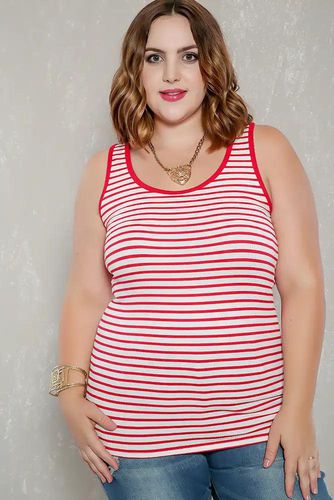 Sexy White Red Striped Ribbed Sleeveless Casual Plus Size Top - AMIClubwearStore - Modalova