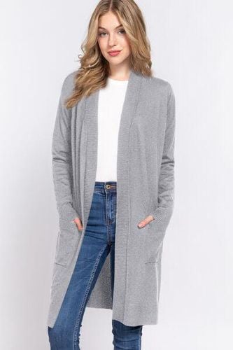 ACTIVE BASIC Open Front Rib Trim Long Sleeve Knit Cardigan - Trendsi - Modalova