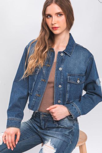 LOVE TREE Raw Hem Button Up Cropped Denim Jacket - Trendsi - Modalova