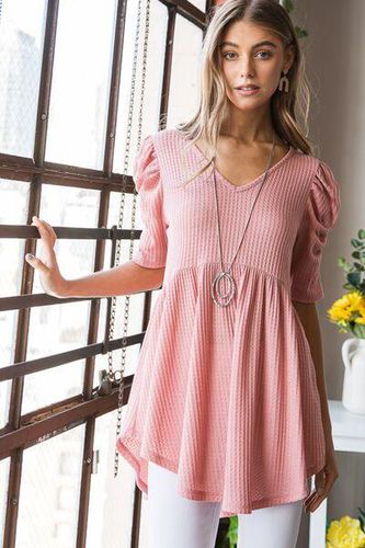 Heimish Full Size Waffle Knit V-Neck Babydoll Top - Trendsi - Modalova