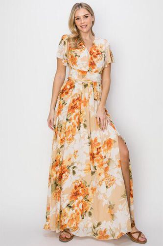 HYFVE Floral Tie Back Short Sleeve Slit Maxi Dress - Trendsi - Modalova