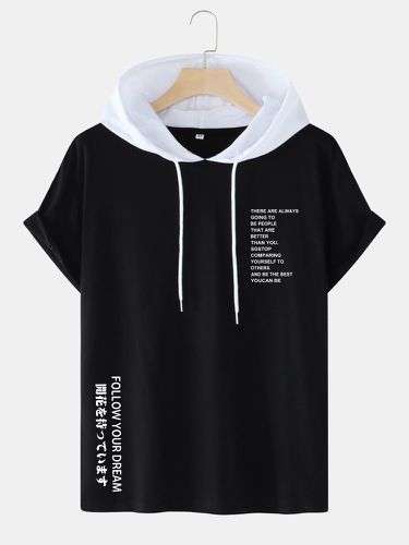Mens Letter Japanese Print Short Sleeve Contrast Hooded T-Shirts - Mensclo - Modalova