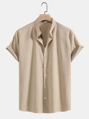 Mens Solid Color Textured Stand Collar Daily Short Sleeve Shirts - Mensclo - Modalova