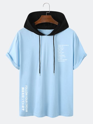 Mens Letter Japanese Print Short Sleeve Contrast Hooded T-Shirts - Mensclo - Modalova