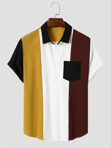 Mens Color Block Patchwork Chest Pocket Short Sleeve Shirts - Mensclo - Modalova