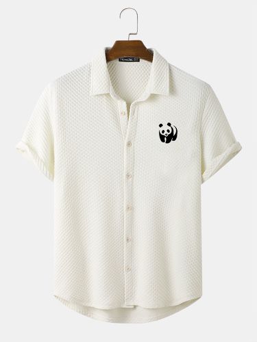 Mens Panda Chest Print Textured Lapel Short Sleeve Shirts - Mensclo - Modalova