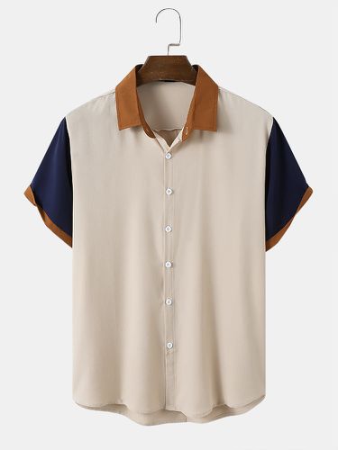 Mens Contrast Patchwork Button Up Daily Short Sleeve Shirts - Mensclo - Modalova