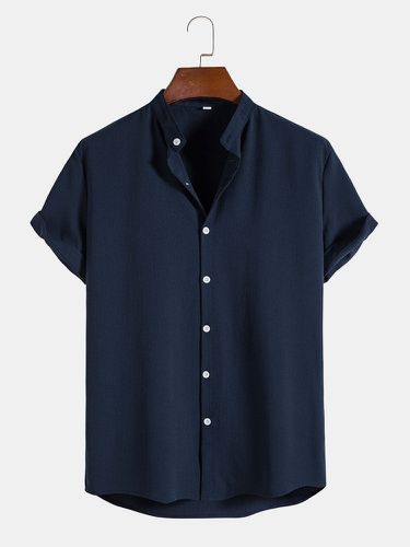 Mens Solid Color Textured Stand Collar Daily Short Sleeve Shirts - Mensclo - Modalova