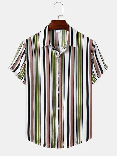 Mens Colorful Striped Lapel Button Up Short Sleeve Shirts - Mensclo - Modalova