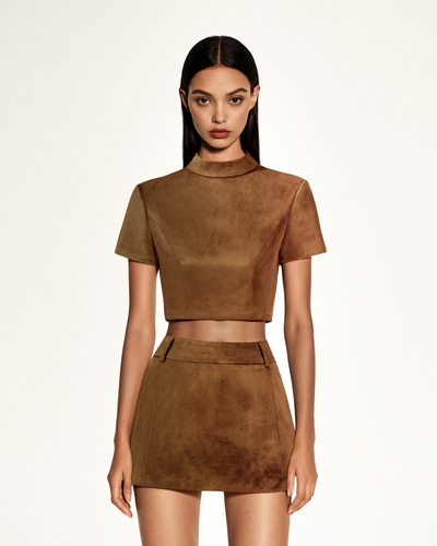 Grace Faux Suede Crop Top and Mini Skirt Set - Camel - JW PEI - Modalova