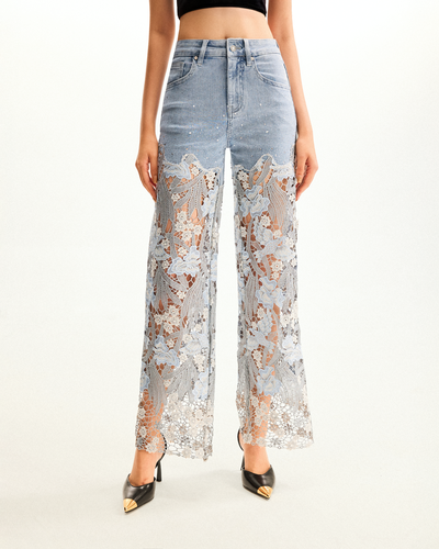 Embroidery High Rise Wide Leg Lace Denim Jeans With Rhinestone - Light Blue - JW PEI - Modalova