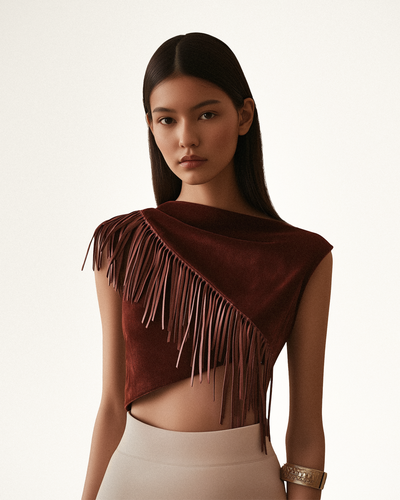 Ariana Asymmetric Fringe Sueded Top - Burgundy - JW PEI - Modalova