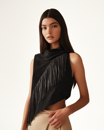 Adeline Asymmetric Fringe Sueded Top - Black - JW PEI - Modalova