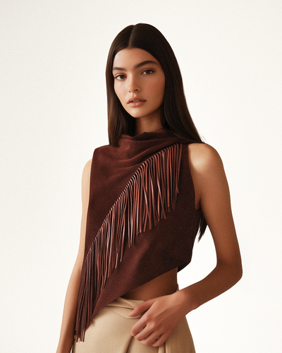 Adeline Asymmetric Fringe Sueded Top - Burgundy - JW PEI - Modalova