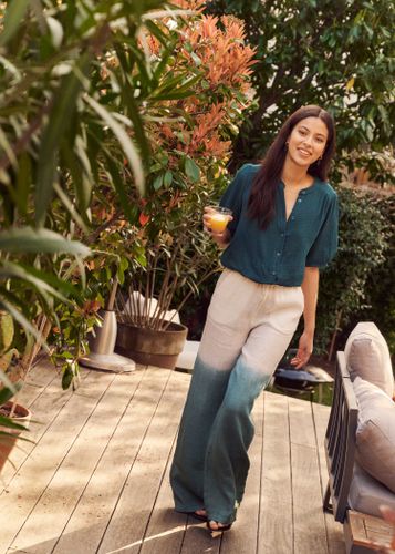 Pantalon évasé bleu en lin taille haute - La Fée Maraboutée - Modalova