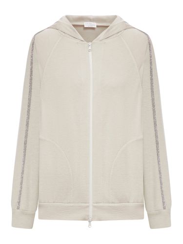 Cotton and silk interlock hooded topwear with Precious Stripe - Woman - Brunello Cucinelli - Modalova