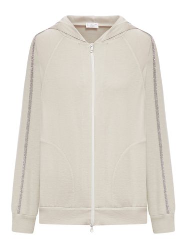 Cotton and silk interlock hooded topwear with Precious Stripe - Woman - Brunello Cucinelli - Modalova