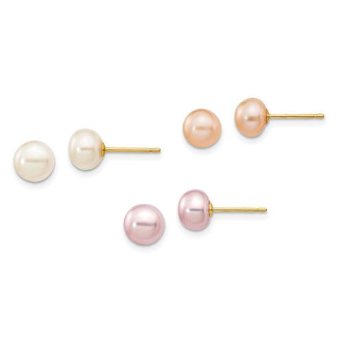 K 6-7mm Button Freshwater Cultured Pearl Boxed 3 pair Post Earrings Set - Jewelry - Modalova
