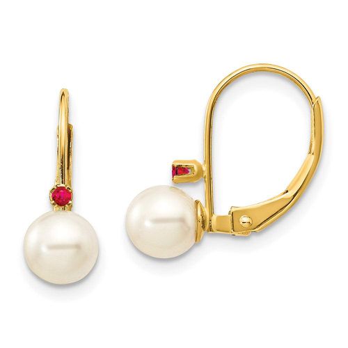 K 5-5.5mm White Round FW Cultured Pearl Ruby Leverback Earrings - Jewelry - Modalova