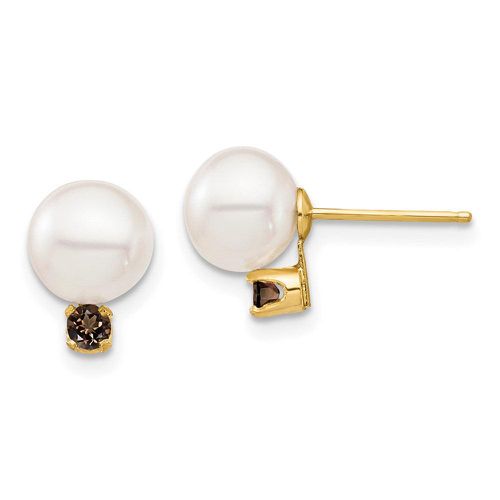 K 7-7.5mm White Round Freshwater Cultured Pearl Smokey Quartz Post Earrin - Jewelry - Modalova