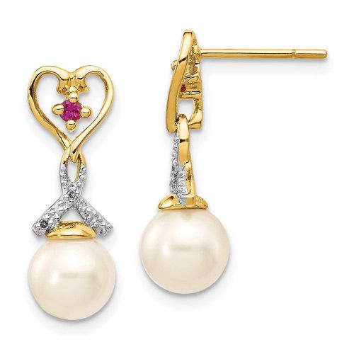 K 7-8mm FWC Pearl Created Ruby Diamond Heart Dangle Earrings - Jewelry - Modalova