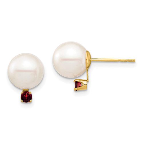K 8-8.5mm White Round Freshwater Cultured Pearl Garnet Post Earrings - Jewelry - Modalova