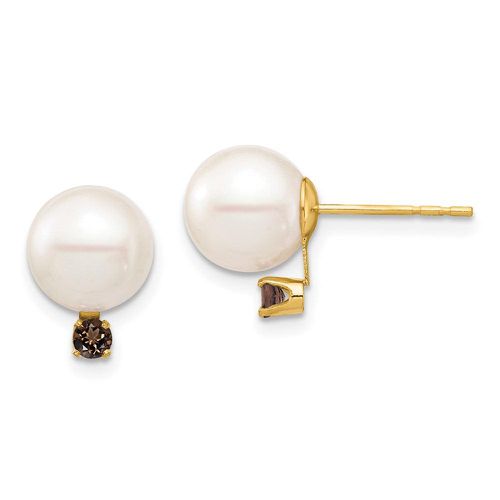 K 8-8.5mm White Round Freshwater Cultured Pearl Smoky Quartz Post Earring - Jewelry - Modalova