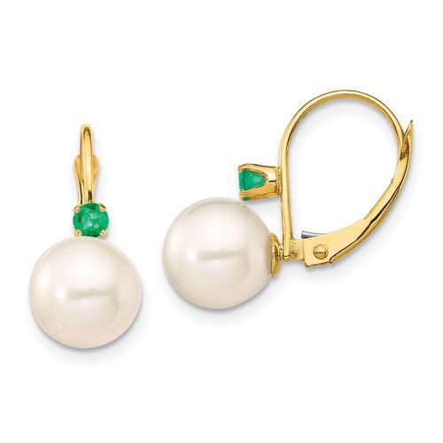 K 8-8.5mm White Round FWC Pearl Emerald Leverback Earrings - Jewelry - Modalova