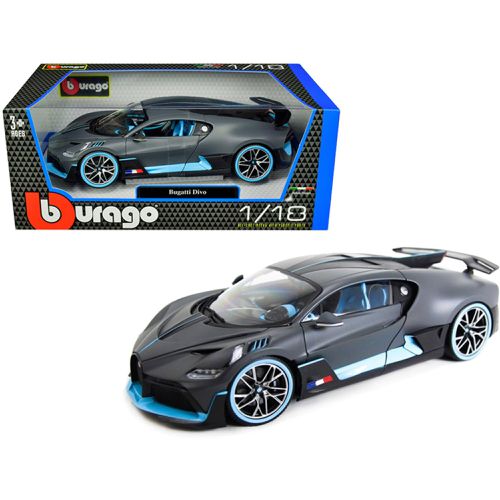 Diecast Car - Bugatti Divo Matt Gray with Blue Accents Rubber Tires - Bburago - Modalova