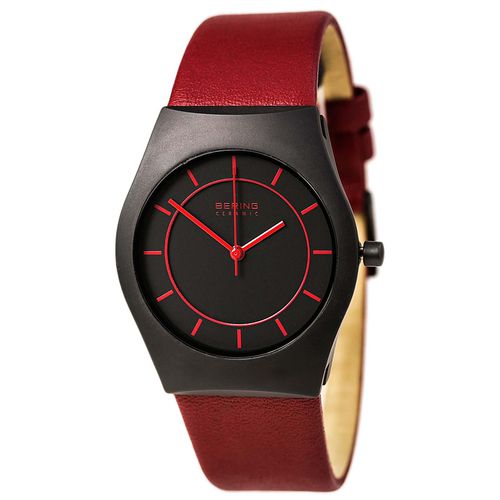 Women's Ceramic Quartz Black Dial Red Calfskin Leather Strap Watch - Bering - Modalova