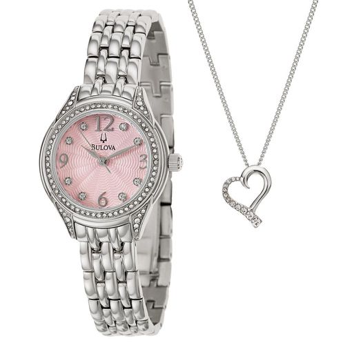 X124 Women's Pink Dial Steel Bracelet Crystal Watch & Heart Necklace Set - Bulova - Modalova