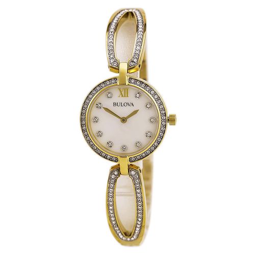 L225 Women's Crystal Accented White MOP Dial Yellow Gold Steel Bangle Bracelet Watch - Bulova - Modalova