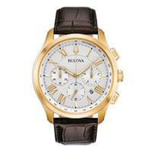 Men's Chronograph Watch - Classic White Dial Brown Leather Strap / 97B169 - Bulova - Modalova