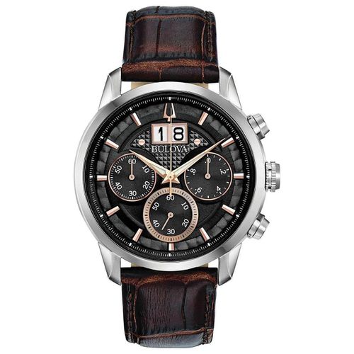 Men's Chronograph Watch - Classic Black Dial Brown Leather Strap / 96B311 - Bulova - Modalova
