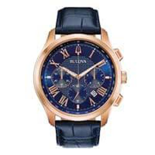 Men's Chronograph Watch - Classic Dark Blue Dial Blue Leather Strap / 97B170 - Bulova - Modalova