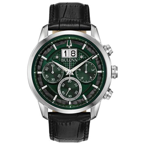 Men's Chronograph Watch - Classic Green Dial Black Leather Strap / 96B310 - Bulova - Modalova