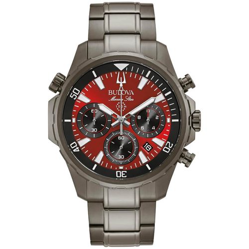 Men's Chronograph Watch - Marine Star Red Dial Grey Bracelet / 98B350 - Bulova - Modalova