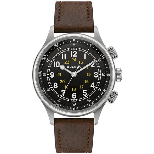 Men's Automatic Watch - A-15 Pilot Black Dial Brown Leather Strap / 96A245 - Bulova - Modalova