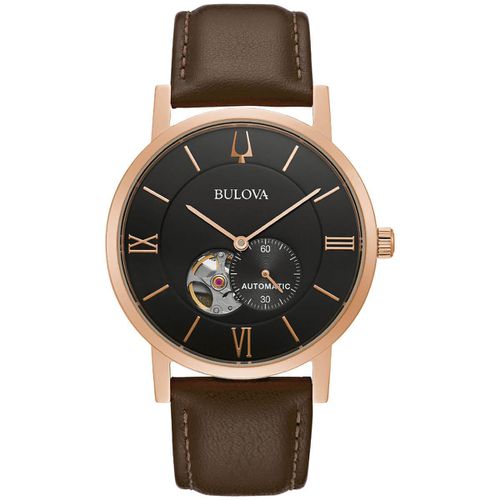 Men's Automatic Watch - American Clipper Brown Leather Strap / 97A155 - Bulova - Modalova