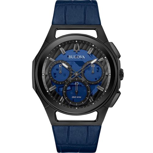 Men's Quartz Watch - Curv Blue Leather Strap / 98A232 - Bulova - Modalova