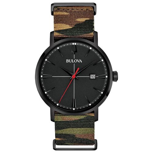 Men's Quartz Watch - Classic Black Dial Date Display Nylon Strap / 98B336 - Bulova - Modalova