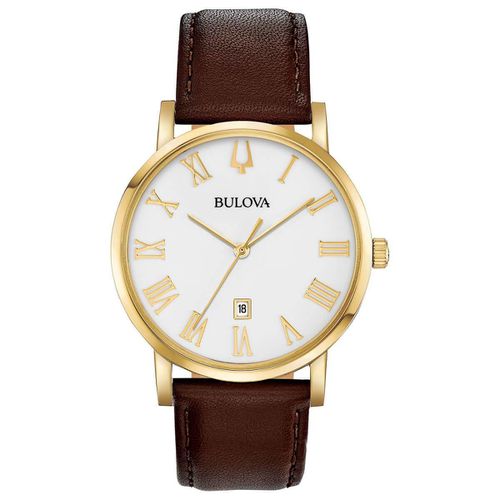 Men's Quartz Watch - Classic White Dial Brown Leather Strap / 97B183 - Bulova - Modalova